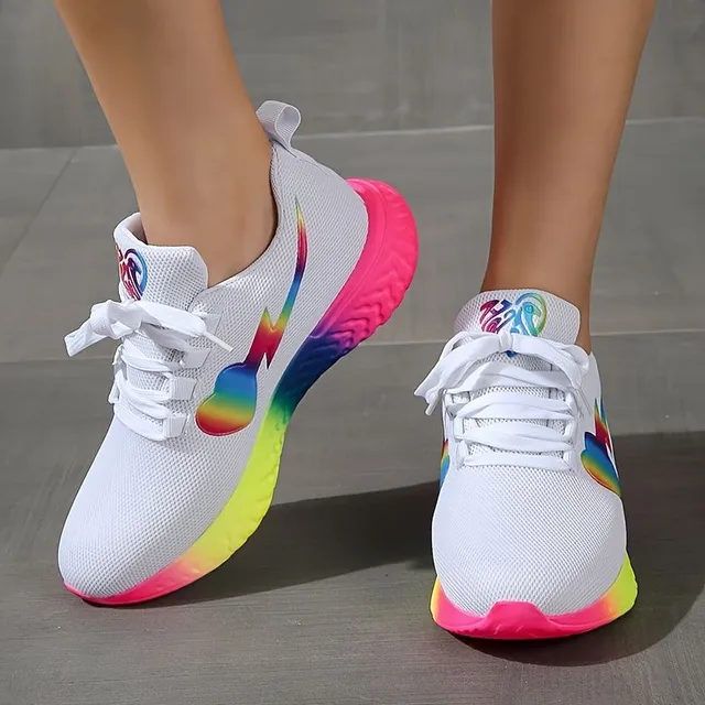 Damen Laufschuhe mit Regenbogen-Sohle aus atmungsaktivem Gewebe und Schnürsenkeln