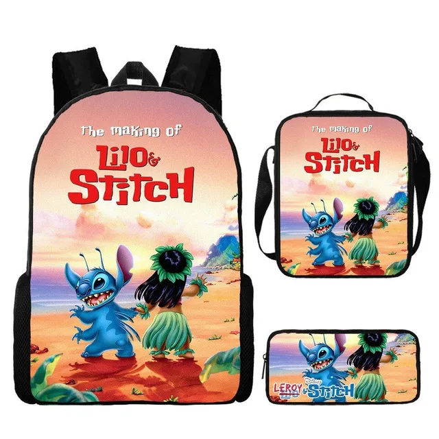 Set pentru copii cu 3 piese școlare cu motivele personajelor animate preferate Lilo și Stitch Rucsac / Geantă peste umăr / Penar