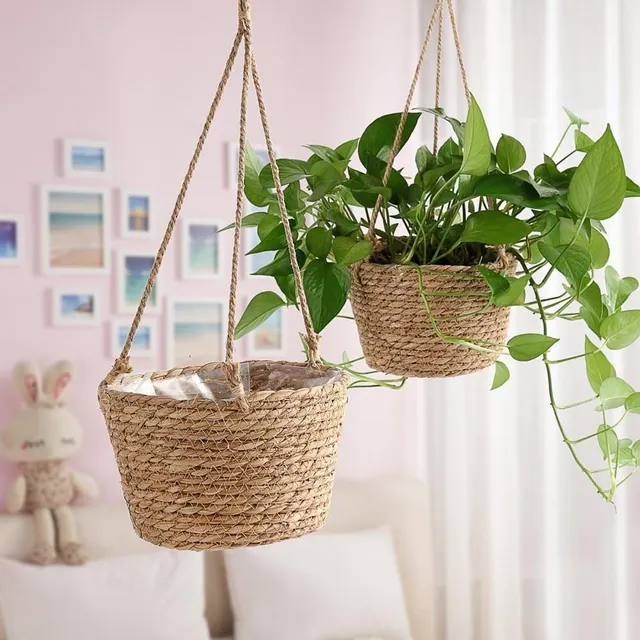 Basket for hanging pot made of woven jute rope