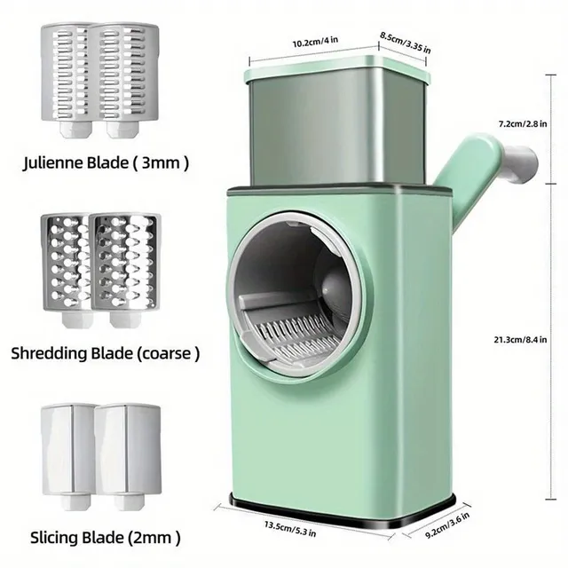 Râpe manuelle rotative avec large trémie et 3 lames interchangeables