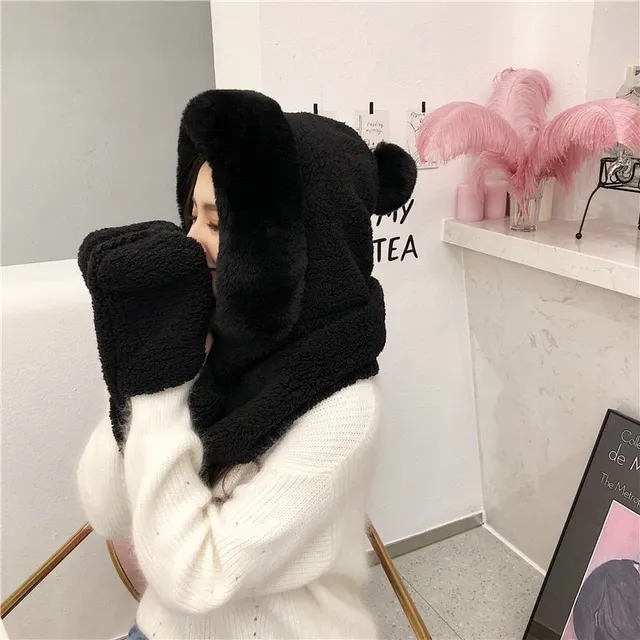 Women's winter scarf with hood and gloves