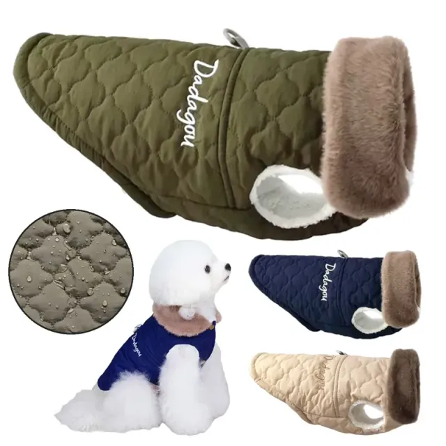 Waterproof warm quilted vest for dogs with plush collar and inscription