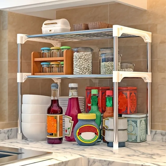 Microwave Stand with shelves organizer, 2 floors, stainless steel network shelf on kitchen counter