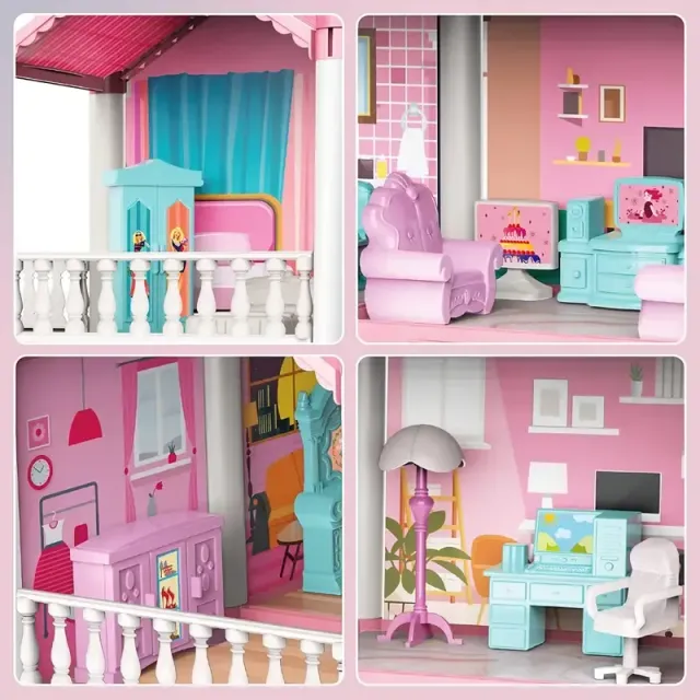 Children's Dollhouse 3 floors 9 rooms pink DIY