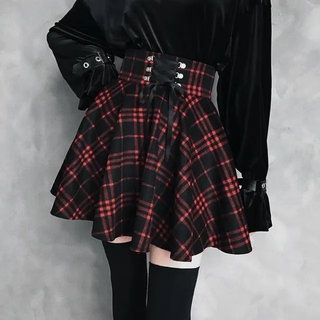 Gothic plaid mini skirt with high lace-up waist