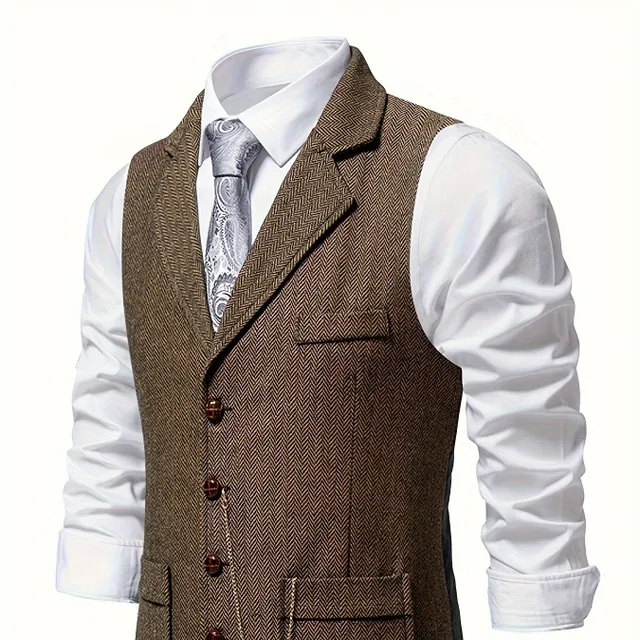 Men's retro herringbone vest with 1 button, Elegant lapel for business, banquet and wedding events