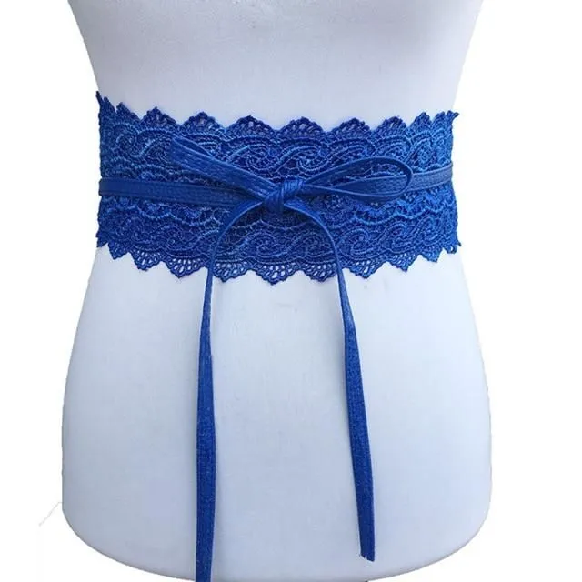 Ladies lace belt with bow blue