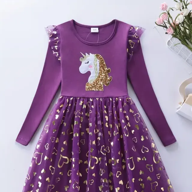 Children's princess dress with unicorn, long sleeve, sequins and tulle skirt in autumn, birthday, party or wedding