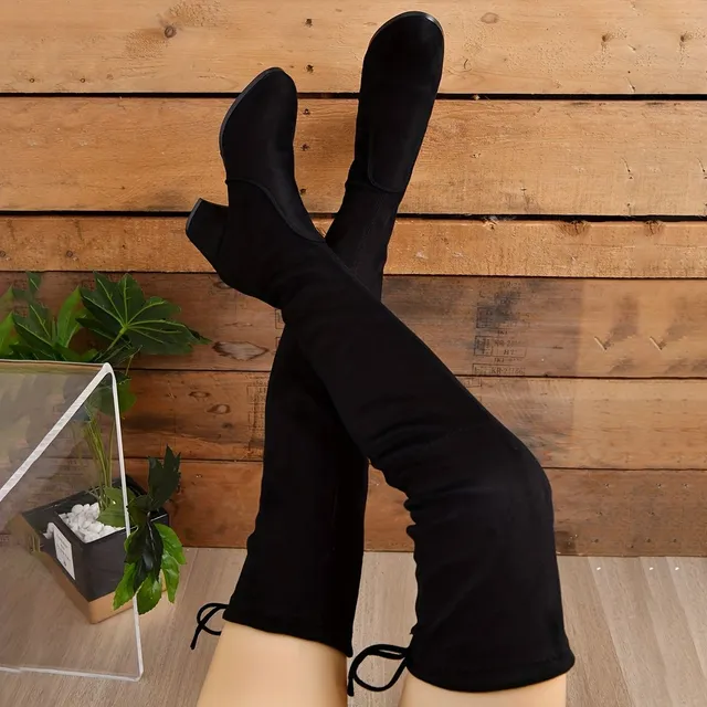 Women's over-the-knee boots with solid sole, round toe and elastic lacing