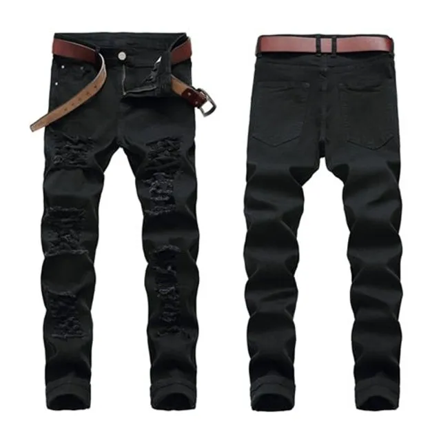 Pánské módní džíny Slim Fit Elastic Ripped Jeans Black 499 30