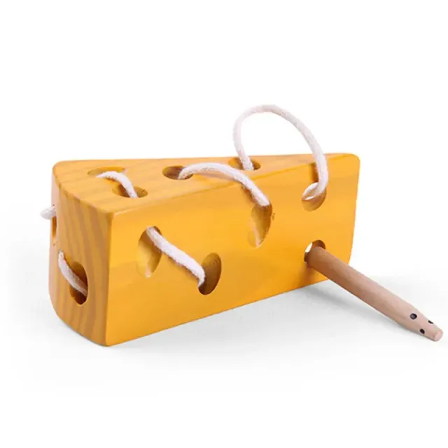 Zábavná dřevěná hračka ve tvaru ovoce s červem na šnurce pro trénink smyslů