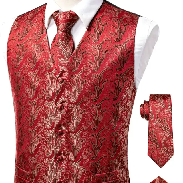 Male vintage sleeveless vest with elegant cut and floral pattern, formal set - vest, tie, cuff links and handkerchiefs