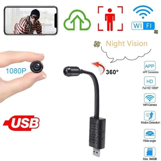 Mini monitorovacia kamera s Wifi IP USB Full HD 720P P2P CCTV SD karta Cloud Storage Smart AI Detekcia ľudí V380 APP