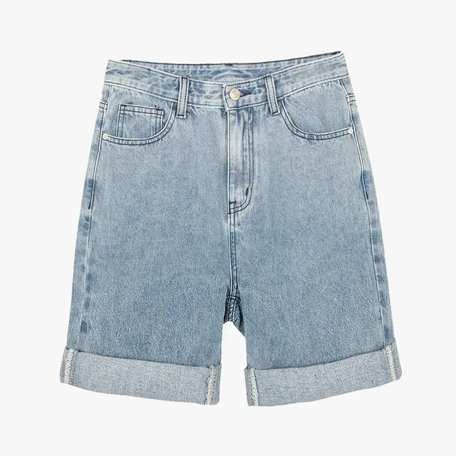 Laundered blue denim shorts with high waist