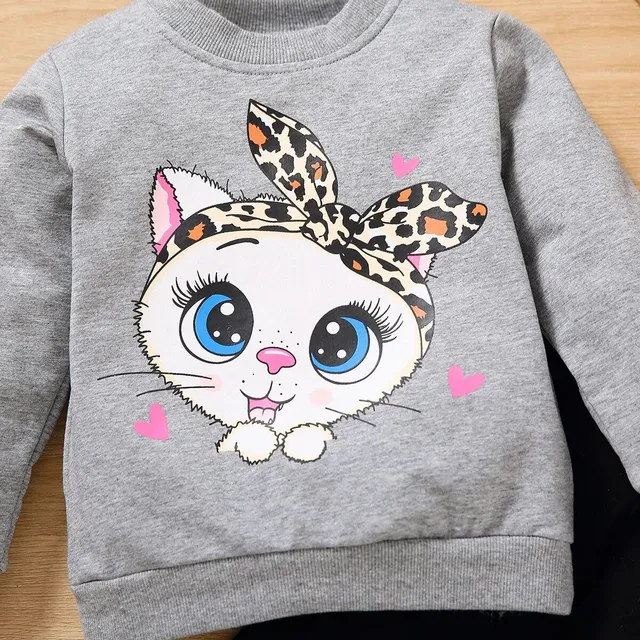 Children's two-piece cotton pajamas with long sleeve and a cat with big eyes for girls