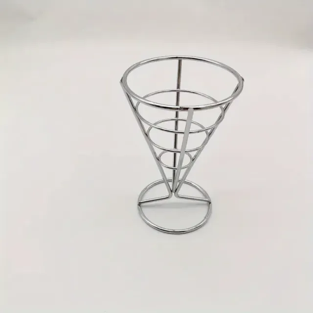 Metal serving basket for fries with 2 sauce bowls and a chicken wing basket