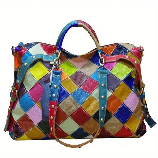 Large capacity plaid bag Color Block, shoulder bag with texture from PU leather, universal bag for commuting for leisure