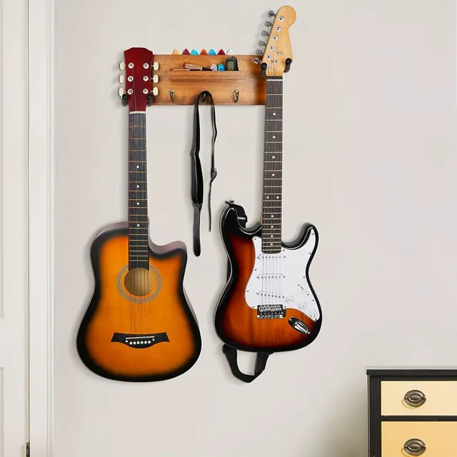 1 pc wall bracket on guitar with 2 rotating rubber hooks, wooden wall hanger on guitar with shelf and guitar holder, guitar holder wall hanger for acoustic electric guitar, bass guitar, banjo, guitar accessories Artistic and crafts