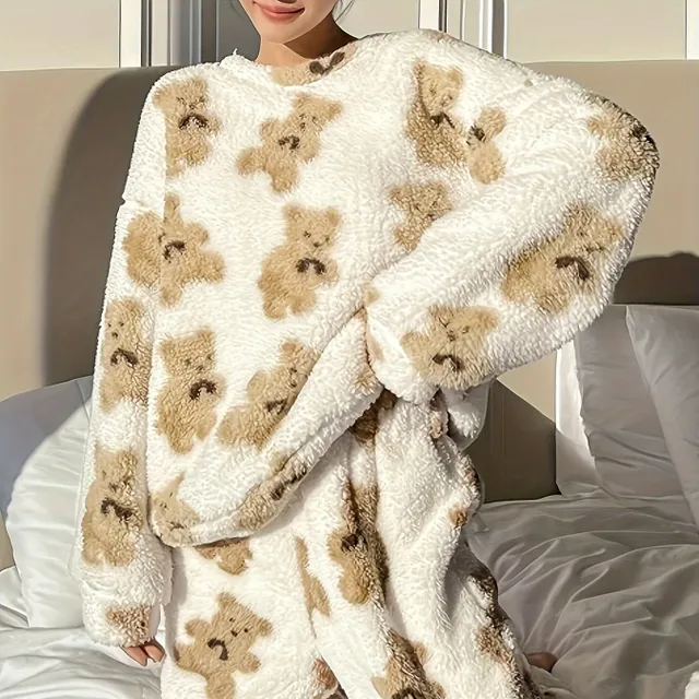 Women's loungeear set - Soft with cute bear print, long sleeve and elastic waist