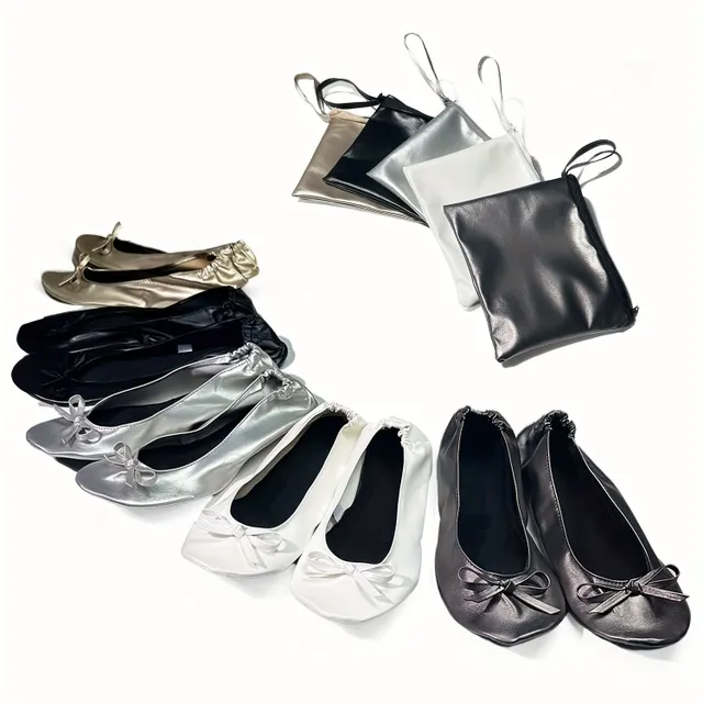 Foldable women's ballerinas, inner soft sole, rolled-up comfortable ballerinas, with bow and bag for wearing