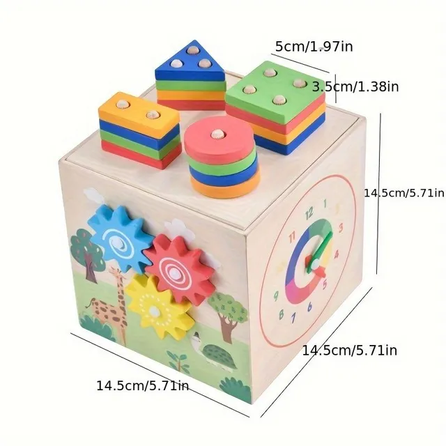 Bloque educativo de madera para los más pequeños: clasificación de formas, colores y números con animales