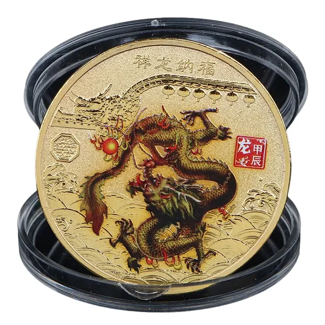 Pièce commémorative avec dragon chinois 4 cm - Pièce de collection avec dragon du zodiaque chinois - Pièce chinoise peinte et dorée avec dragon - Pièce métallique pour l'année du Dragon dans un étui transparent