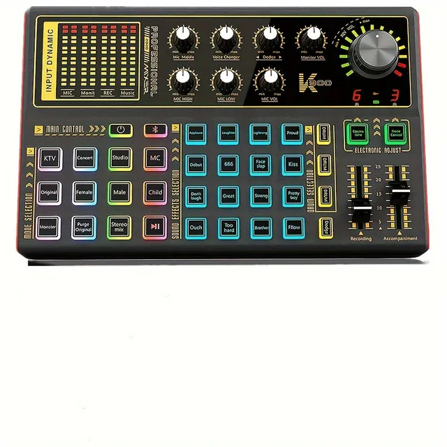 Profesionální Audio Mixér K300: Zvuková karta a interface s DJ efekty, hlasovým měničem a LED podsvícením
