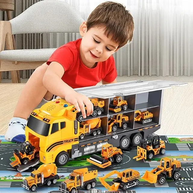 Set of construction vehicles - truck with playing carpet, metal cars for children, Christmas gift