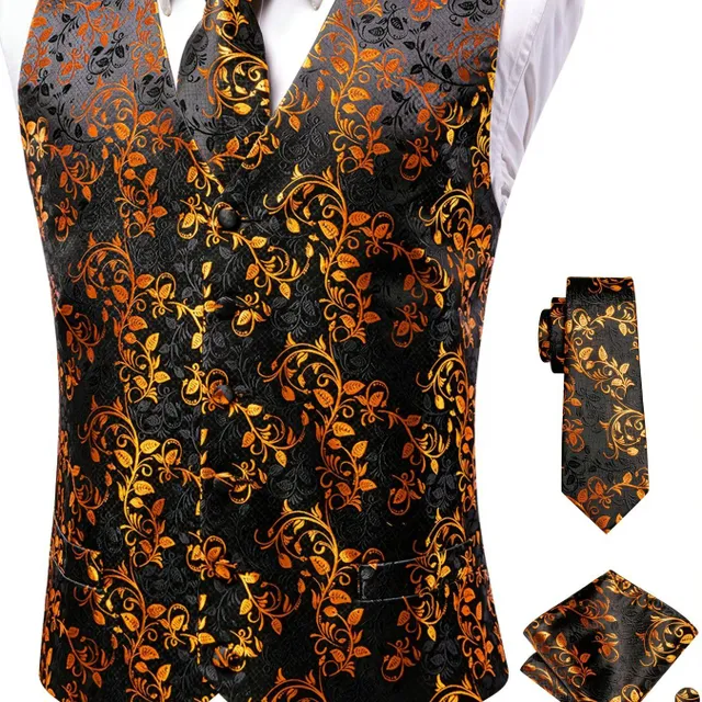 Male vintage sleeveless vest with elegant cut and floral pattern, formal set - vest, tie, cuff links and handkerchiefs