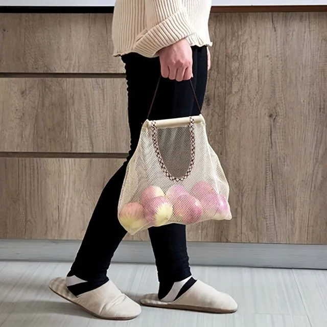 Hanging net bag for fruit and vegetables in the kitchen with a hang-up handcuff