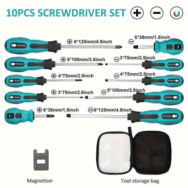 10PCS Magnetic Screwdriver Set Manual Screwdriver Ergonomic Cross Head Screwdriver Metric Flat Hlad Screwdriver For Electronic Furniture Equipment Repair Vehicles