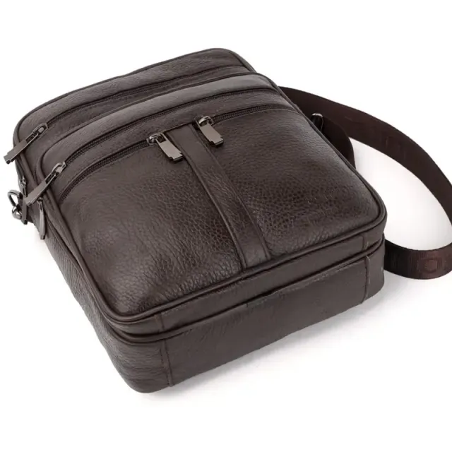 Male spacious bag made of right leather from the face layer - hand, messenger, with multiple zippers, shoulder and hand, ideal for business
