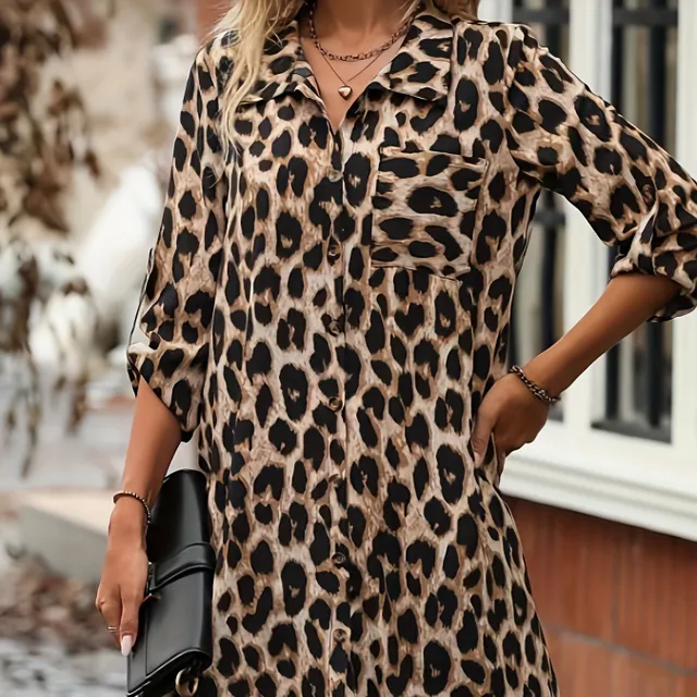 Robe à motif léopard avec boutons, robe confortable à manches 3/4 pour femmes