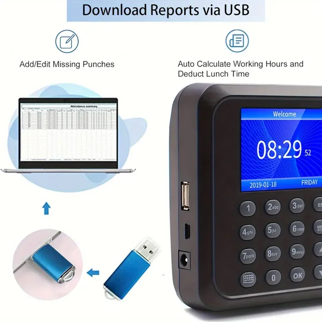 Clock Fingerprints For Employee Small Business With Scanning Finger &amp; Punching In One, No Monthly Fee, NO Fee For Software, Calculate Work Period &amp; Subtract Time Lunch Usb