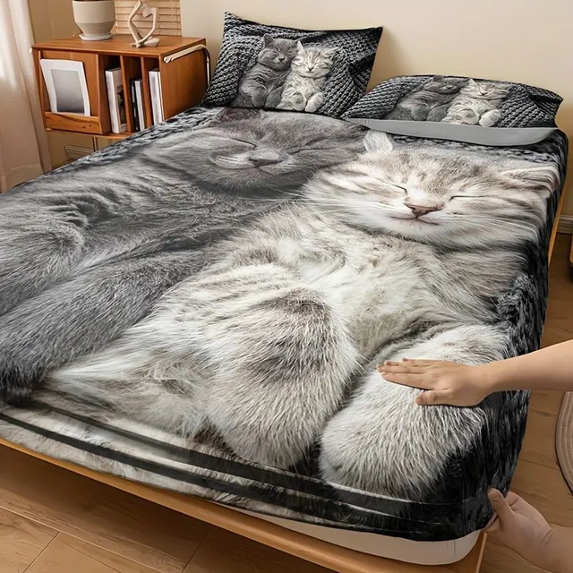 Roztomilé 3D povlečení s kočkami - Prostěradlo s HD potiskem na matraci do bytu i na kolej
