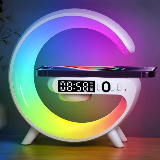 Pad de încărcare wireless multifuncțional cu suport difuzor TF RGB lumină de noapte 15W Stație de încărcare rapidă pentru iPhone Samsung Xiaomi