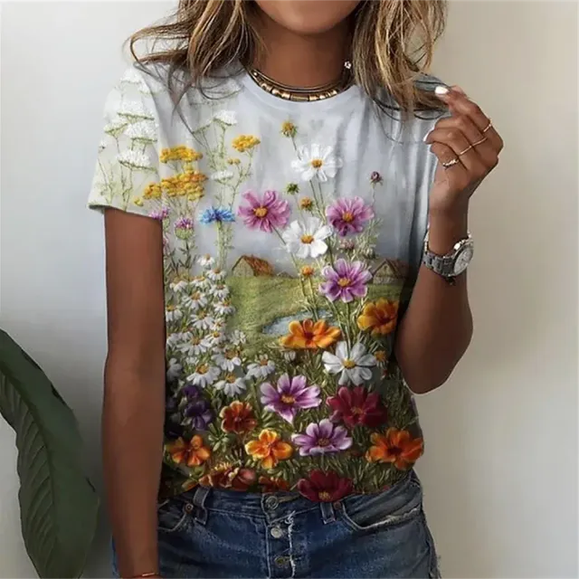 Dámske tričko s krátkym rukávom s potlačou rastlín a kvetov, výstrihom do O a voľným strihom