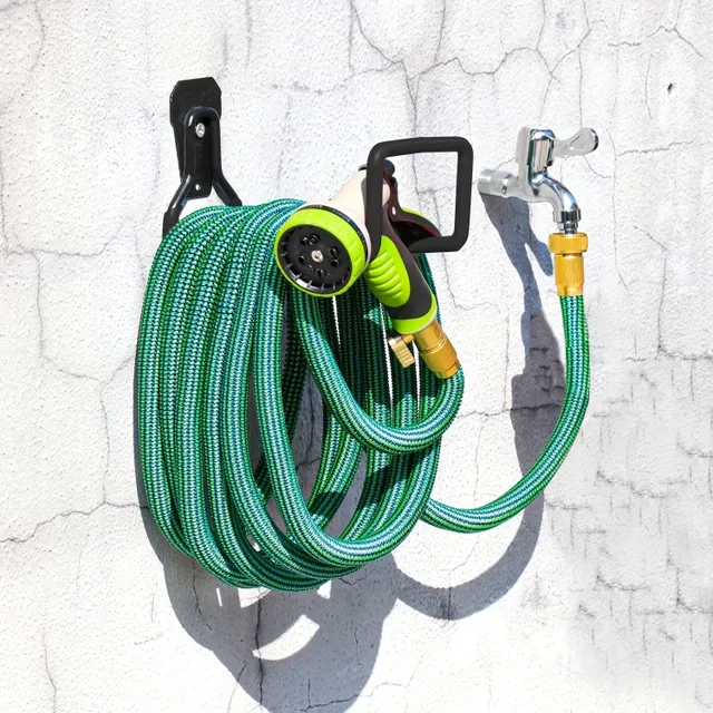 Garden hose holder for wall - durable metal rack with hook for hose storage (black)