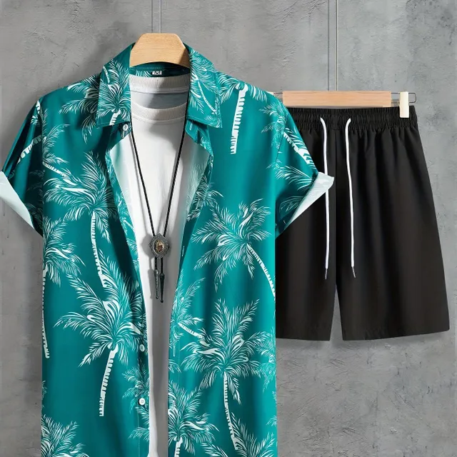 Men's 2-piece set with coconut palm tree print - shirt with collar and pockets and shorts with drawstring