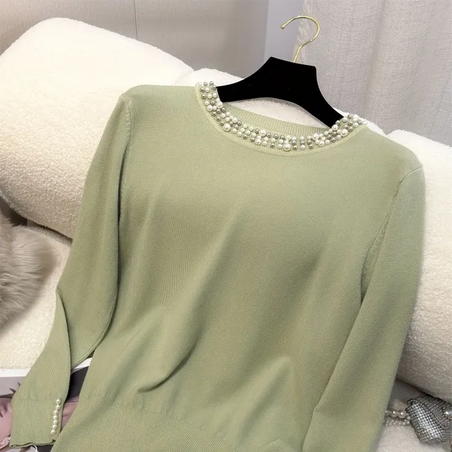 Elegant beaded lady knitted top with long sleeve and round neckline made of soft viscose blend for autumn and winter