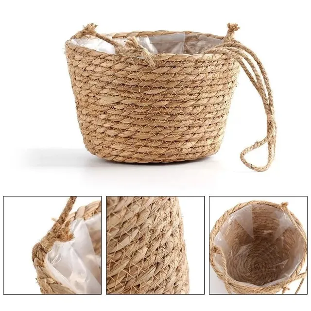 Basket for hanging pot made of woven jute rope