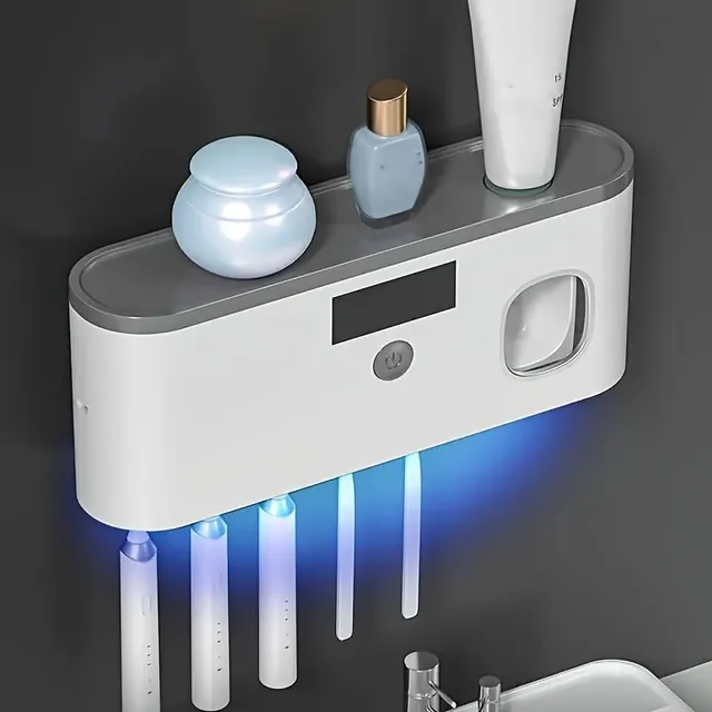 Multifunction stand for toothbrushes with UV disinfectant and dispenser