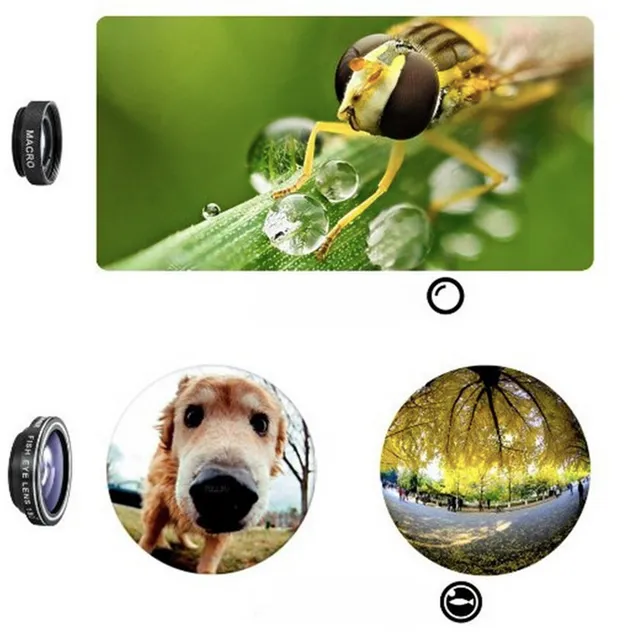 Universal lens set for mobile phones, fisheye lens + wide-angle lens + macro lens