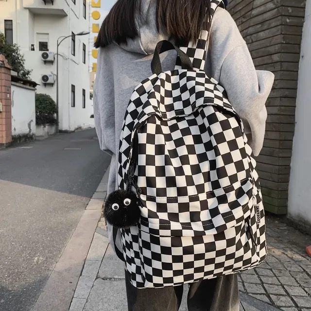 Classic modern simple comfortable backpack for school with big pocket and chessboard motif