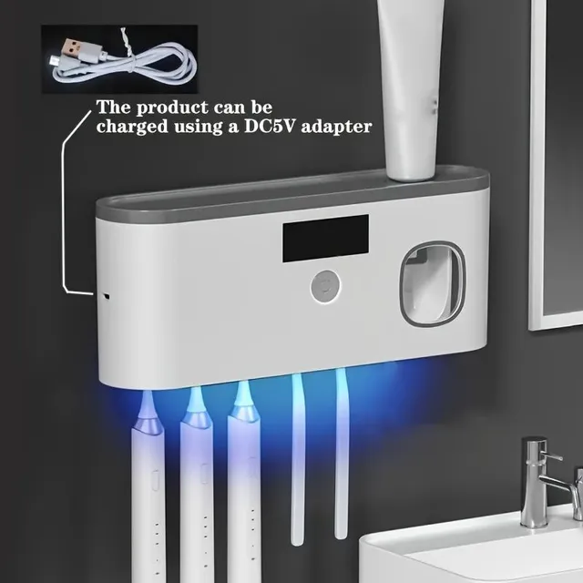 Multifunction stand for toothbrushes with UV disinfectant and dispenser