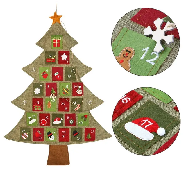 Nástěnný adventní kalendář - vánoční stromeček s kapsami