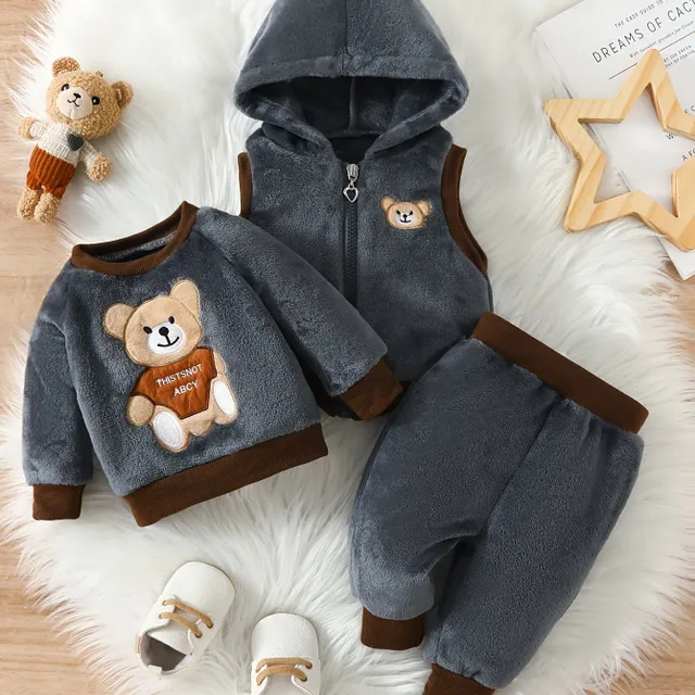 3-piece Fleece set with bear for boys - hoodie, vest and sweatpants