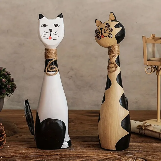 Set of two decorative wooden cats - simple carving art