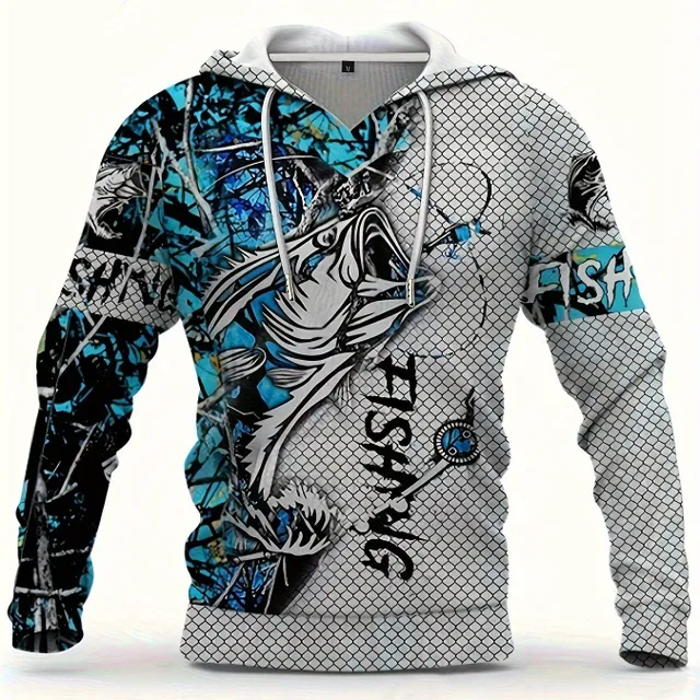 Men's casual sweatshirt with hood and 3D printing of a fishing pattern