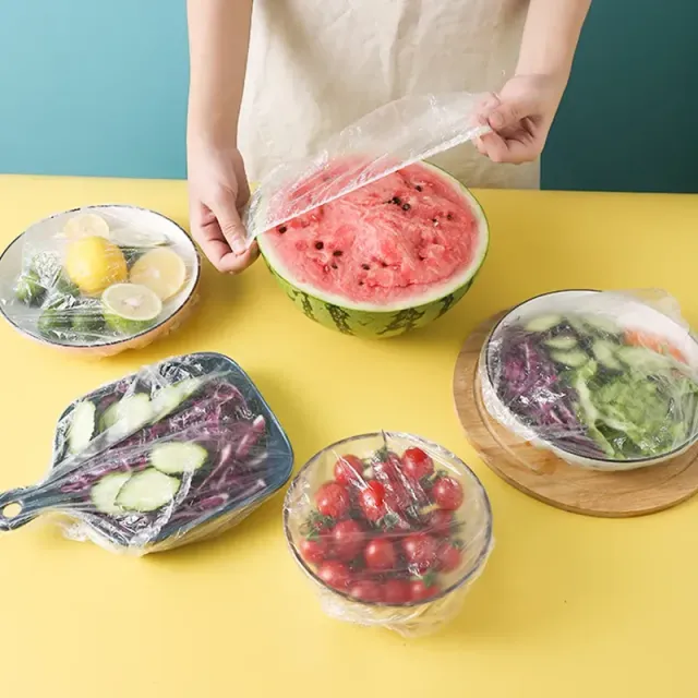 Jednorazové elastické veká pre potraviny - ovocná fólia v miske, kuchynské skladovanie potravín, čerstvé